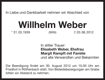 Traueranzeige von Willhelm Weber von Pegnitz-Zeitung